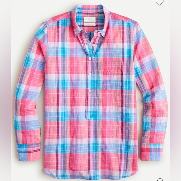 J. Crew Tops - J. CREW Classic-Fit Crinkle Cotton Popover Shirt in Ombré Plaid Women’s 4